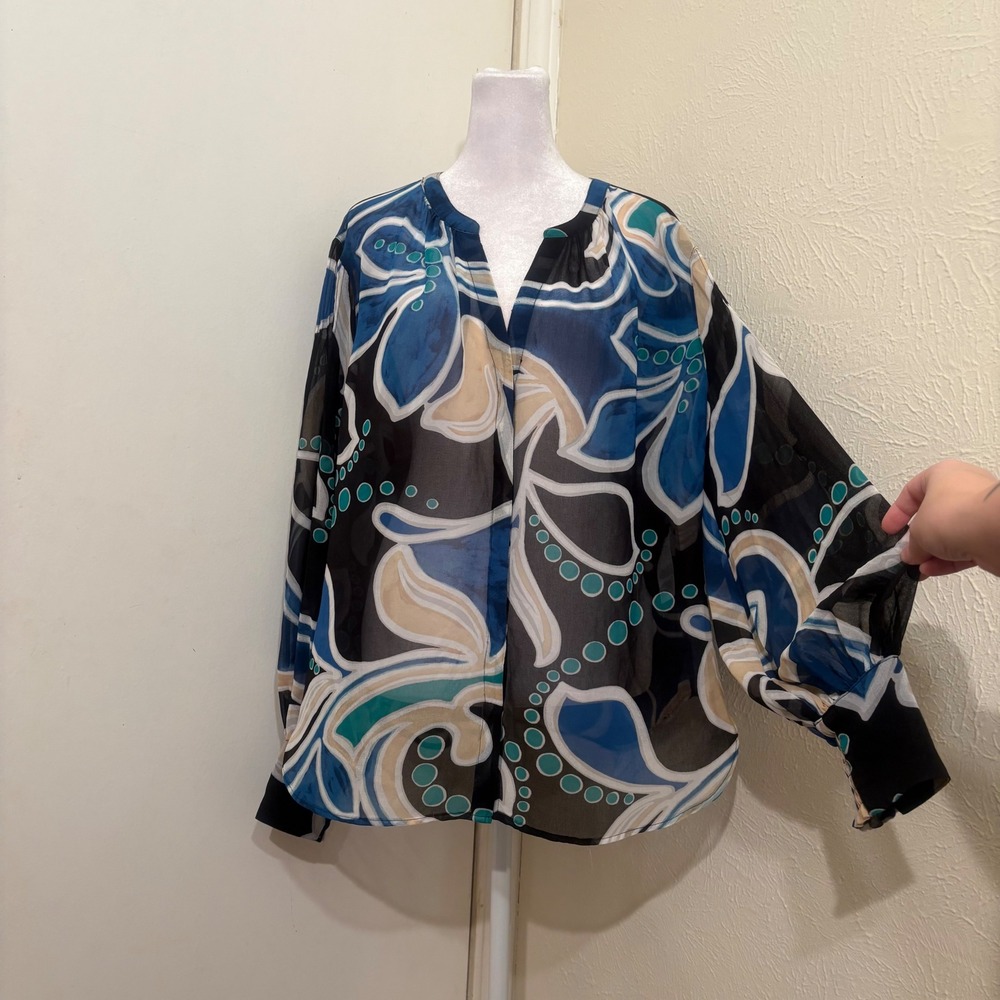 Blue Abstract Floral Sheer V-Neck Balloon Sleeve Blouse 70s Retro Mod Artsy 16